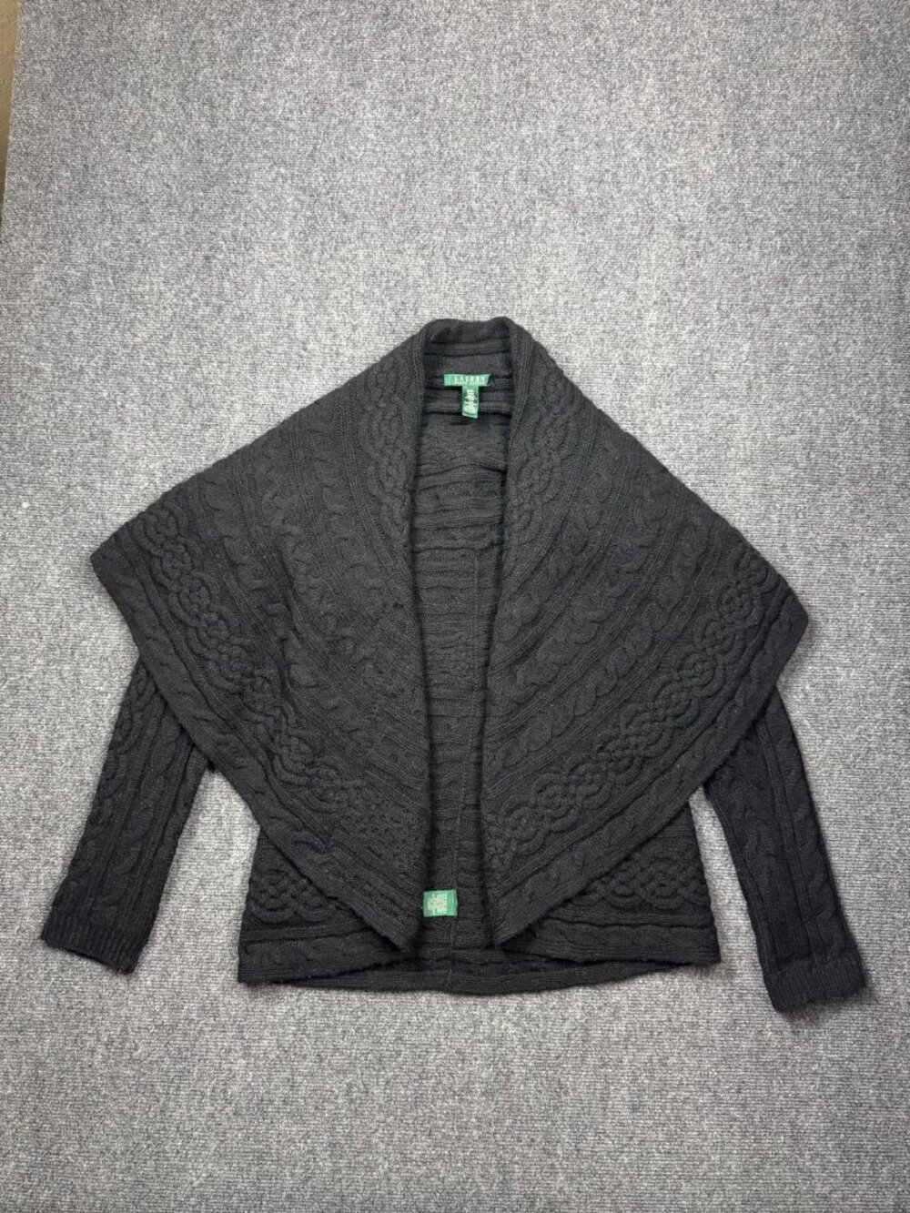 Lauren Ralph Lauren Wool Cable Knit Open Cardigan Black Wide Shawl Collar S / M